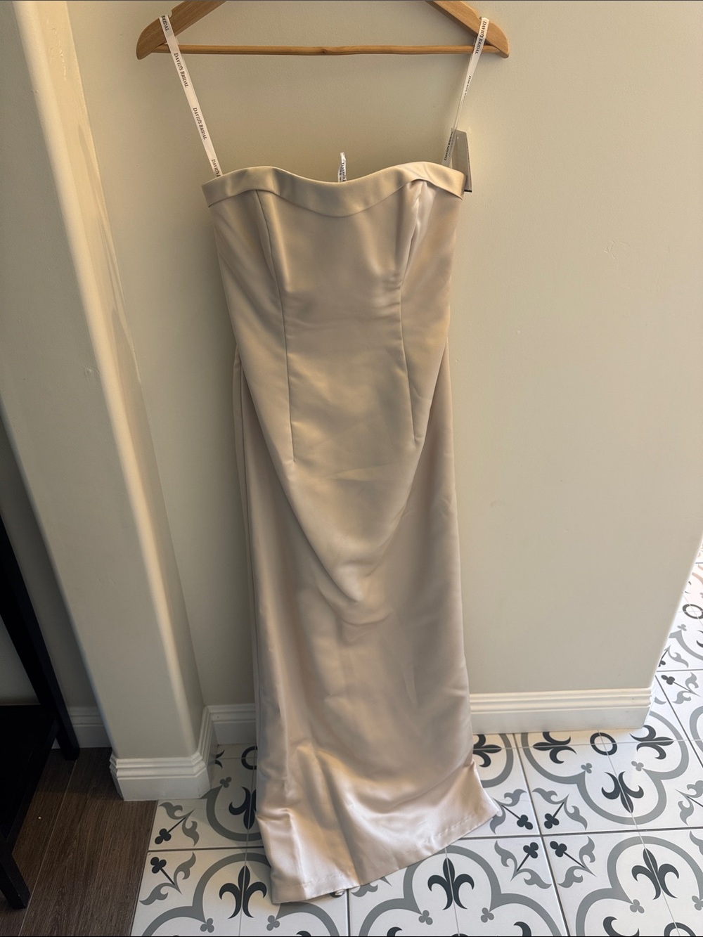 David's Bridal Strapless Satin Gown in Champagne